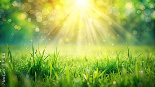 Blurred bokeh and sun rays on a natural grass field background, nature, outdoors, landscape, summer, green grass © Sompong