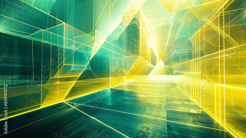 Yellow and Aqua glowing abstract geometric lines. PowerPoint and Business background.