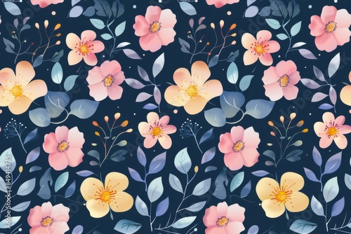 Watercolor Floral Pattern with Delicate Flowers and Leaves