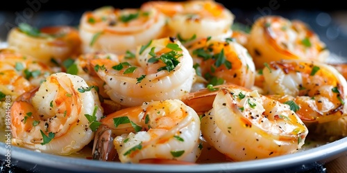 Succulent shrimp scampi with garlic parsley and crusty bread a flavorful Italian delight. Concept Italian Cuisine, Shrimp Scampi, Garlic Parsley, Crusty Bread, Flavorful Delight photo
