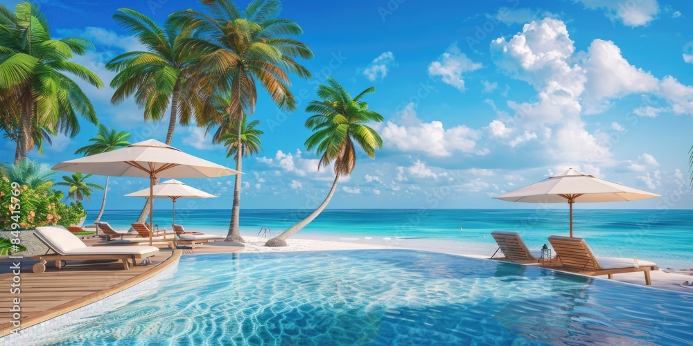 A pair of lounge chairs placed beside a swimming pool, perfect for relaxation and leisure time A pair of lounge chairs placed beside a swimming pool, perfect for relaxation and leisure time