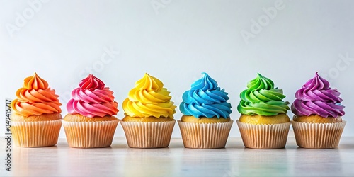 Row of cupcakes with colorful frosting swirls, cupcakes, frosting, colorful, sweet, bakery, dessert, treats photo