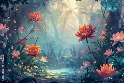 A serene and idyllic atmosphere with blooming flowers