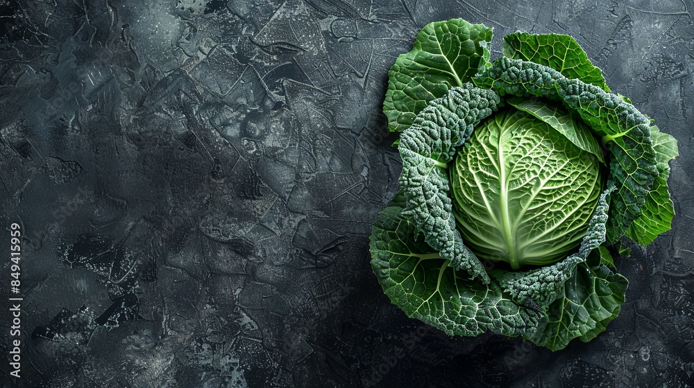 Fototapeta premium Fresh green cabbage on a wooden background, top view, space for text on the side