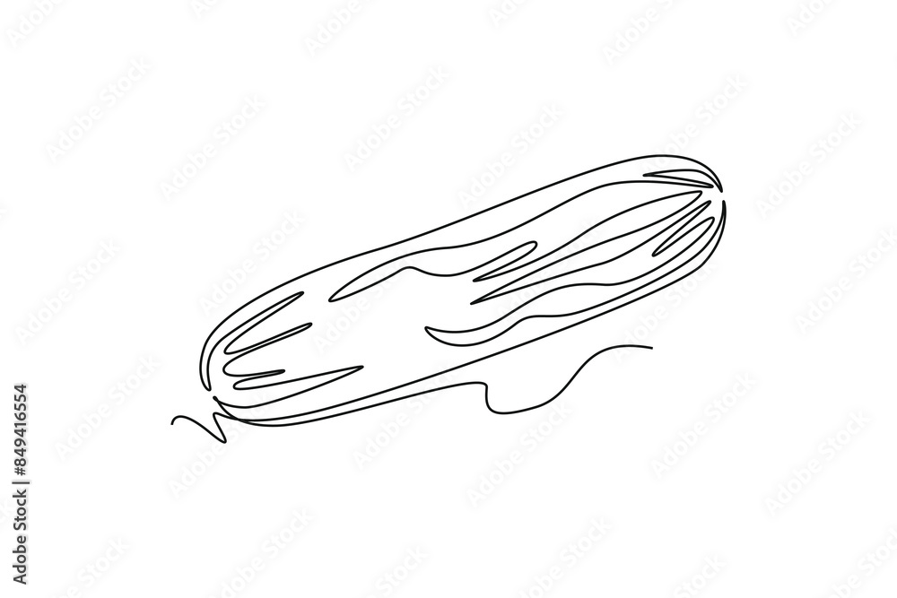 Single one line drawing of one whole healthy organic cucumber for orchard logo identity. Fresh vegetable concept for vegan garden icon. Modern continuous line draw design graphic vector illustration Single one line drawing of one whole healthy organic cucumber for orchard logo identity. Fresh vegetable concept for vegan garden icon. Modern continuous line draw design graphic vector illustration