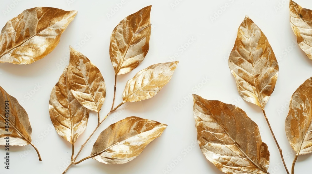 Leaves with a golden paint design against a white backdrop Leaves with a golden paint design against a white backdrop