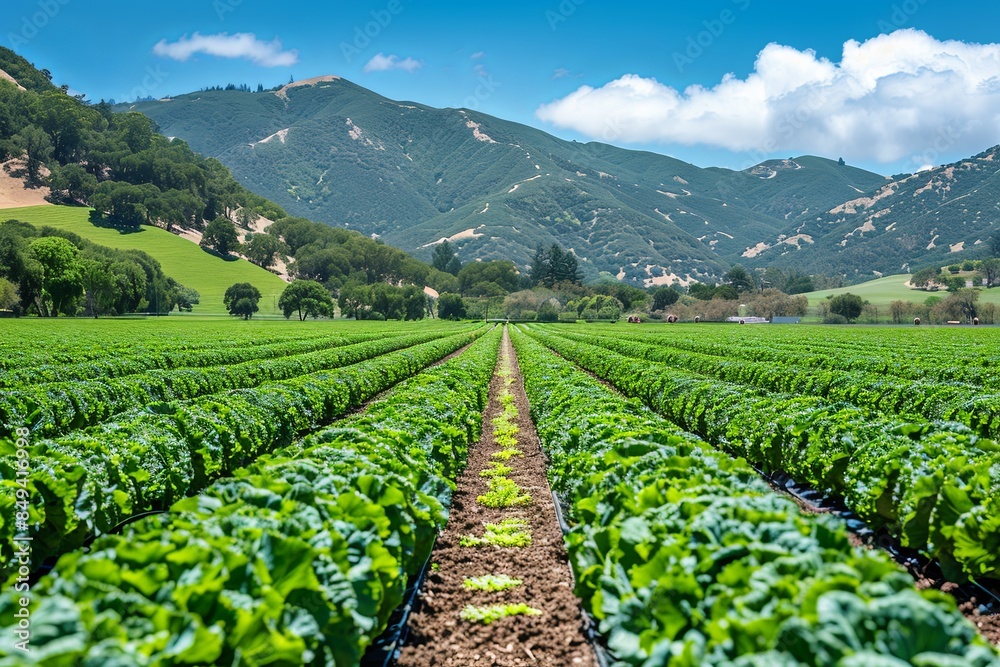 A large field with cabbage against the backdrop of mountains A large field with cabbage against the backdrop of mountains