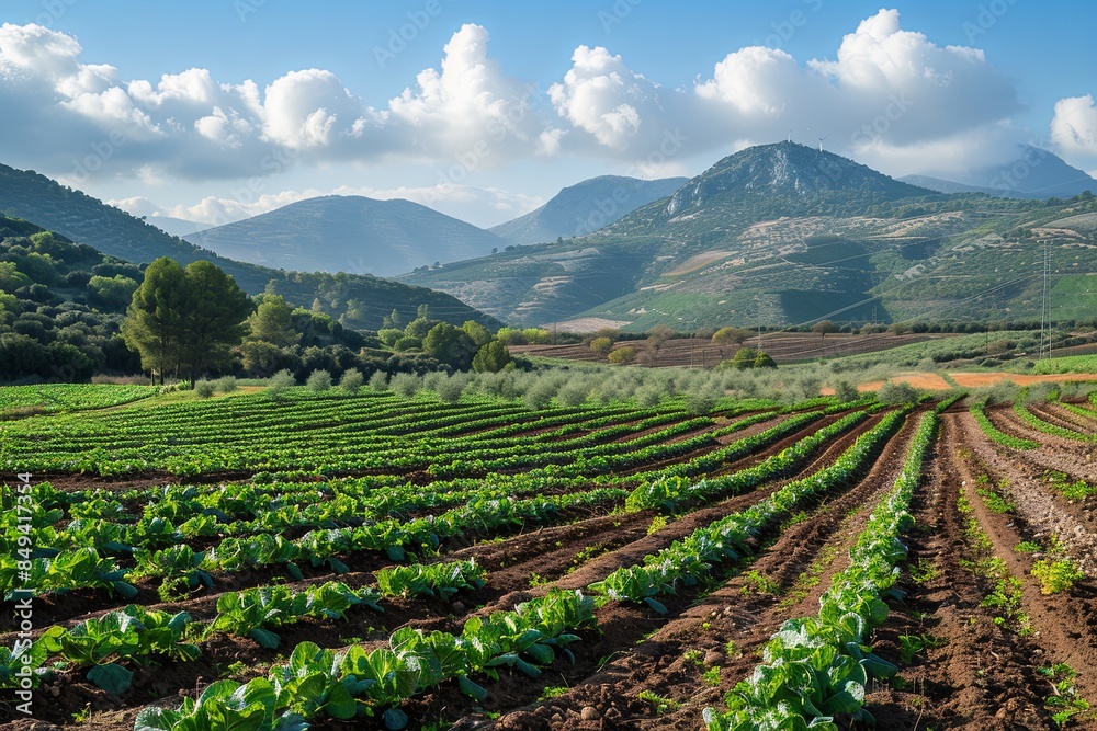 A large field with cabbage against the backdrop of mountains