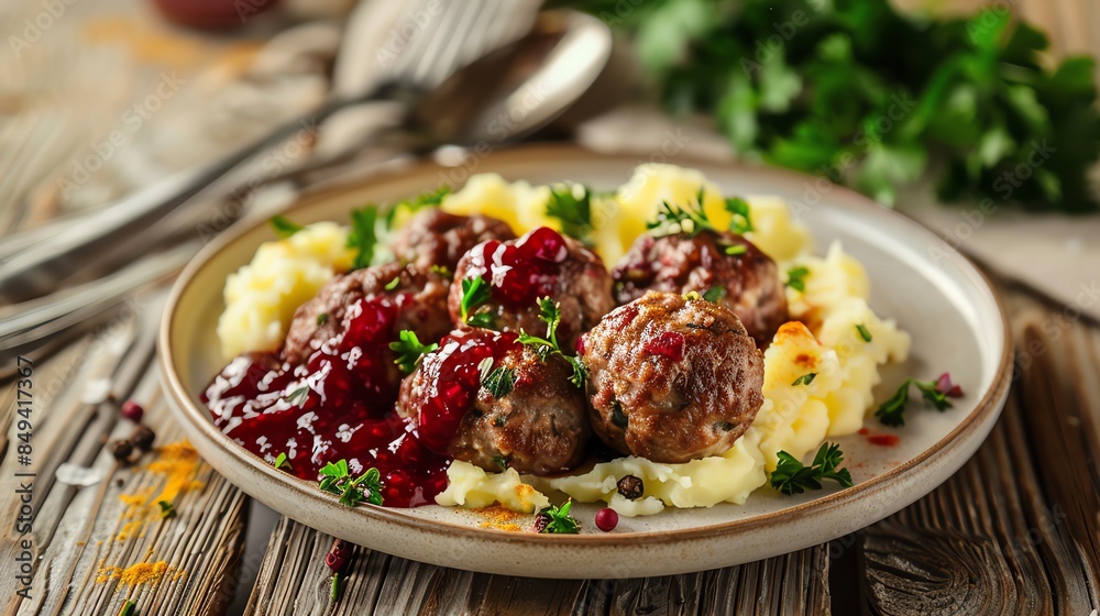 Savory Swedish meatballs with lingonberry sauce and mashed potatoes, presented on a rustic wooden table with Scandinavian decor and soft, diffused lighting