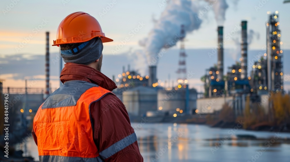 Industrial Worker Gazing at a Busy Refinery with Smoke Stack Emissions at Dusk Industrial Worker Gazing at a Busy Refinery with Smoke Stack Emissions at Dusk