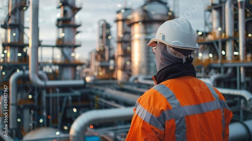 Wallpaper Mural Industrial worker in orange safety vest and hard hat looks at a large oil and gas refinery or petrochemical plant. Torontodigital.ca