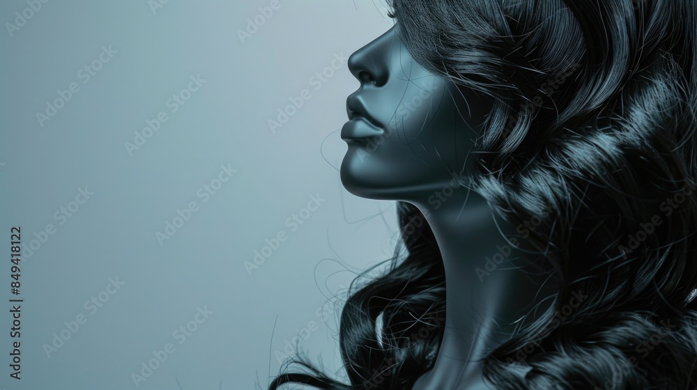 A life-sized mannequin head with long, dark hair A life-sized mannequin head with long, dark hair