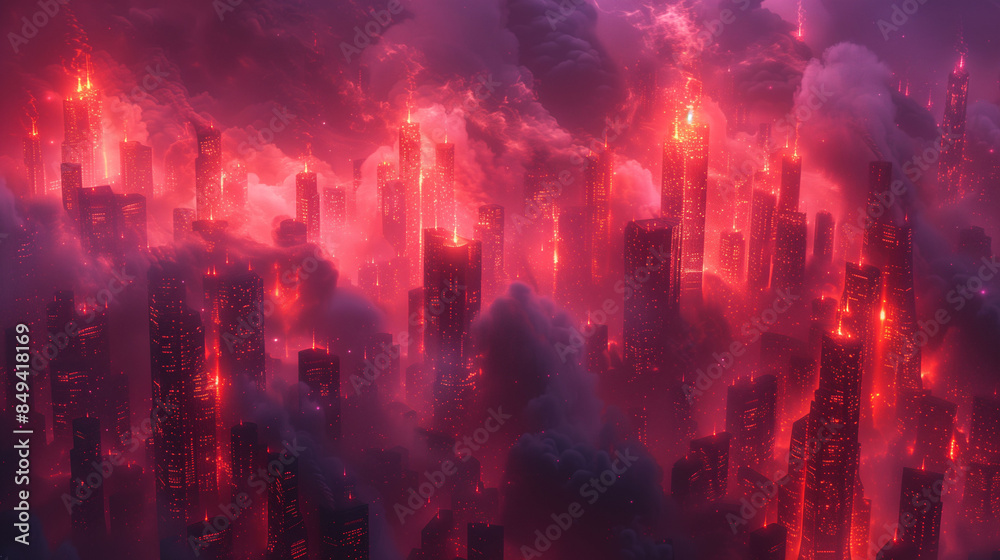 Fototapeta premium A dystopian cityscape with skyscrapers engulfed in flames and thick smoke, creating a dramatic and apocalyptic atmosphere.