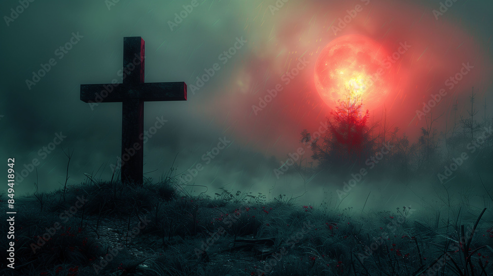 Obraz premium A dark, eerie landscape with a large cross in the foreground and a glowing red moon in the background. The scene is shrouded in mist and has an ominous atmosphere.
