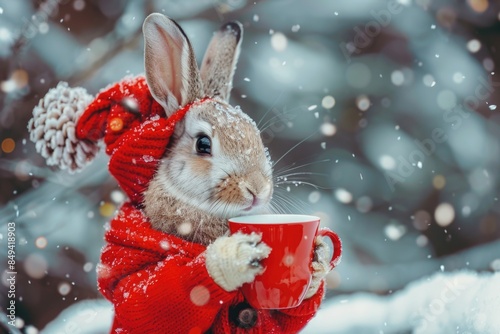 A rabbit wearing a bright red sweater holds a matching red cup, looking adorable © Fotograf