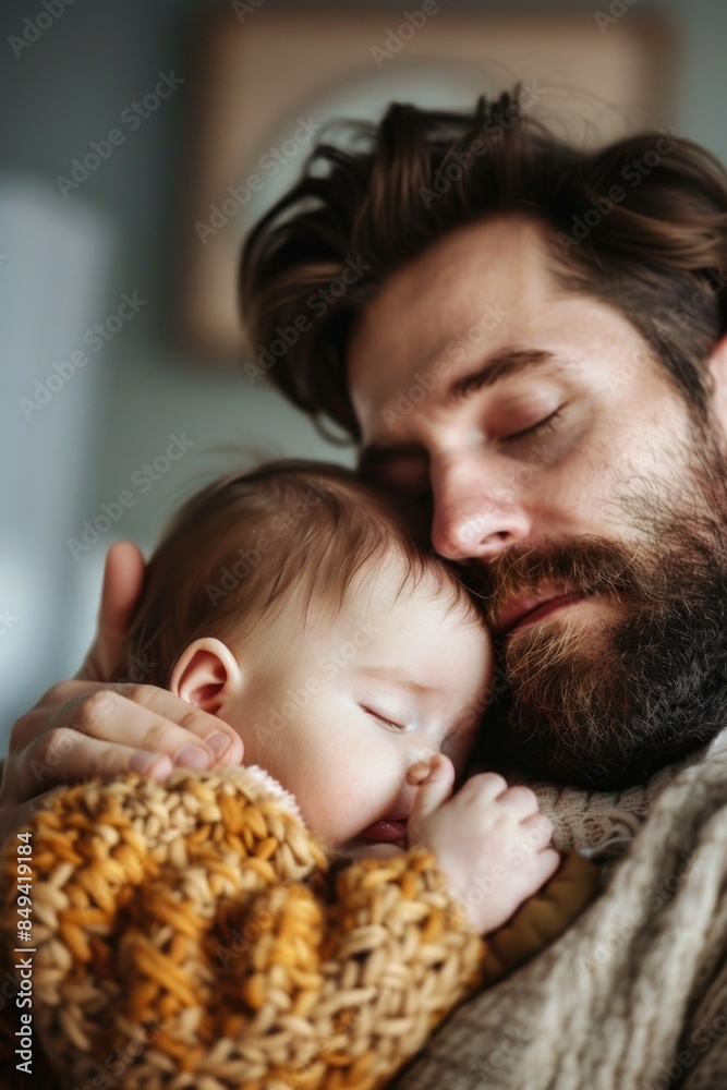 A man cradling a baby in his arms, conveying a sense of love and care A man cradling a baby in his arms, conveying a sense of love and care