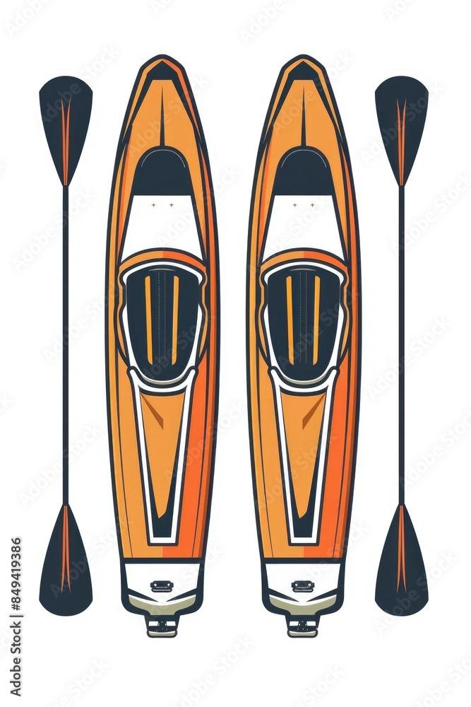 Image of an orange kayak with paddles and oars on a white background Image of an orange kayak with paddles and oars on a white background