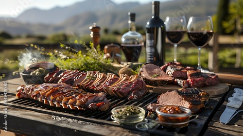 Succulent Argentine asado with various cuts of meat on a parrilla grill