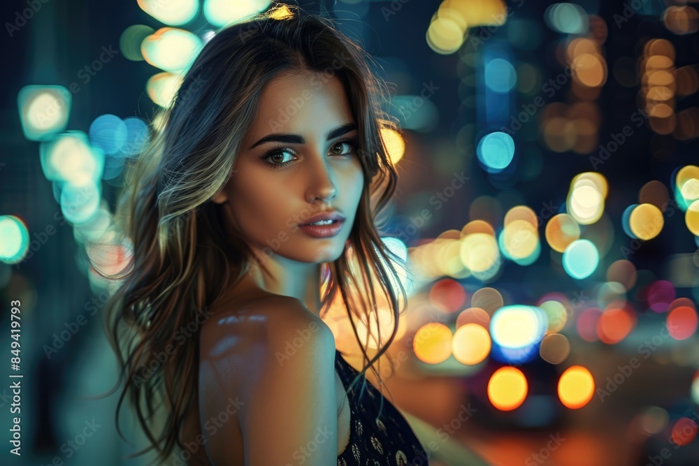 Young woman standing in front of city lights, great for urban lifestyle or nightlife themed projects Young woman standing in front of city lights, great for urban lifestyle or nightlife themed projects