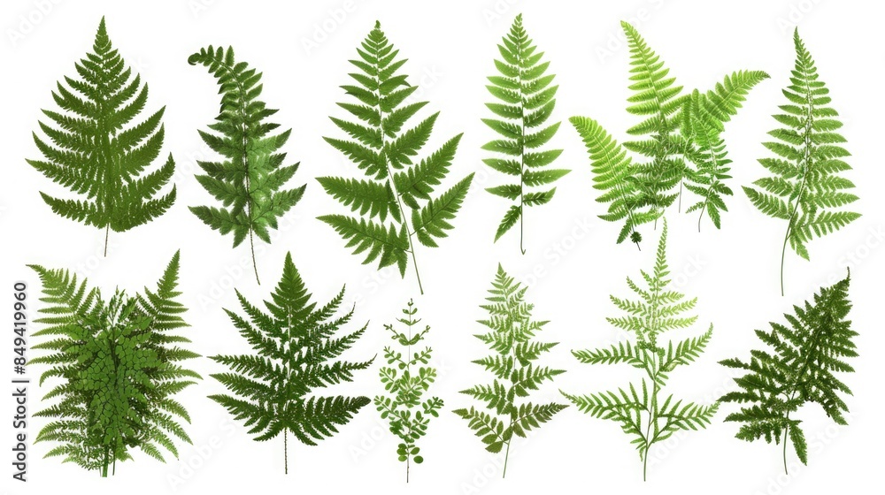 A collection of diverse fern leaf shapes and textures A collection of diverse fern leaf shapes and textures