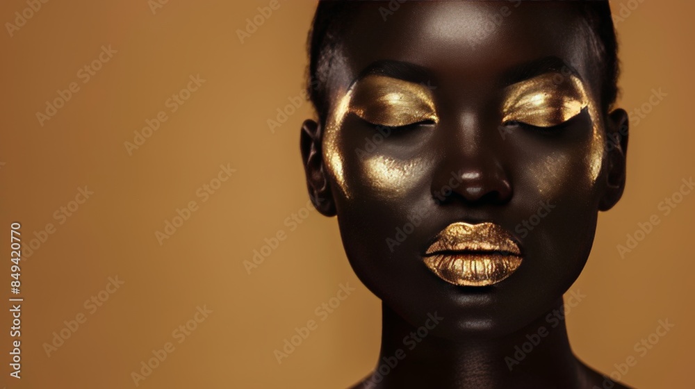 Golden body art beautiful woman painted in black with gold makeup, metallic skin, copy space Golden body art beautiful woman painted in black with gold makeup, metallic skin, copy space