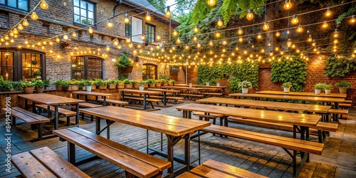 Beer garden with wooden tables, bench seating, string lights, and potted plants, Beer, garden, tables, seating