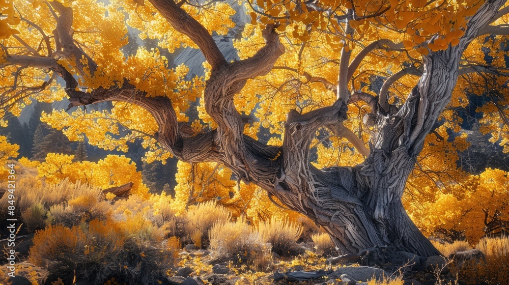 Naklejka premium Golden leaves adorn majestic trees, capturing the essence of fall beauty