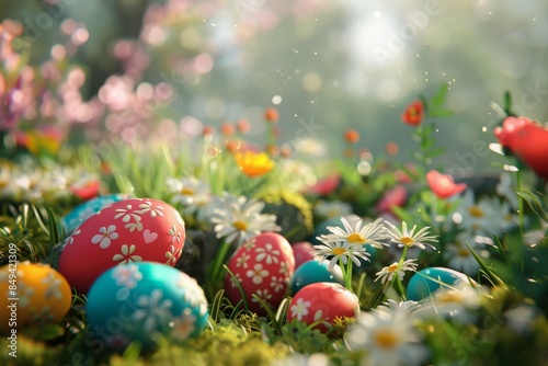 Experience the joy of Easter with a vibrant egg hunt amidst a blooming garden.