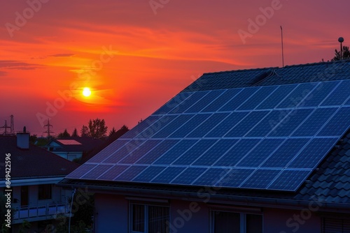 Photograph of solar panels on the roof of a house with the sun setting in the background