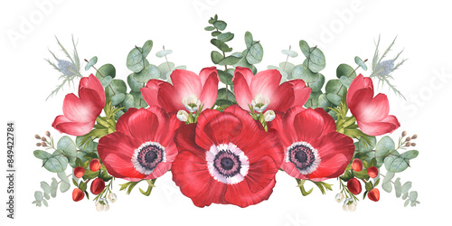 Wallpaper Mural Red anemones, branches of eucalyptus, hypericium and eryngium. Professional flower arrangement with greenery. Floral bouquet. Watercolor illustration for design of cards, invitations, banners Torontodigital.ca