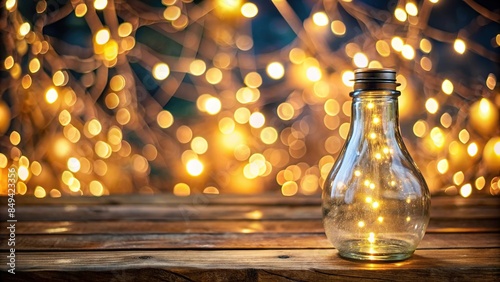 Glass bottle with light bulbs on the side on a wooden table with bokeh background decoration, glass bottle