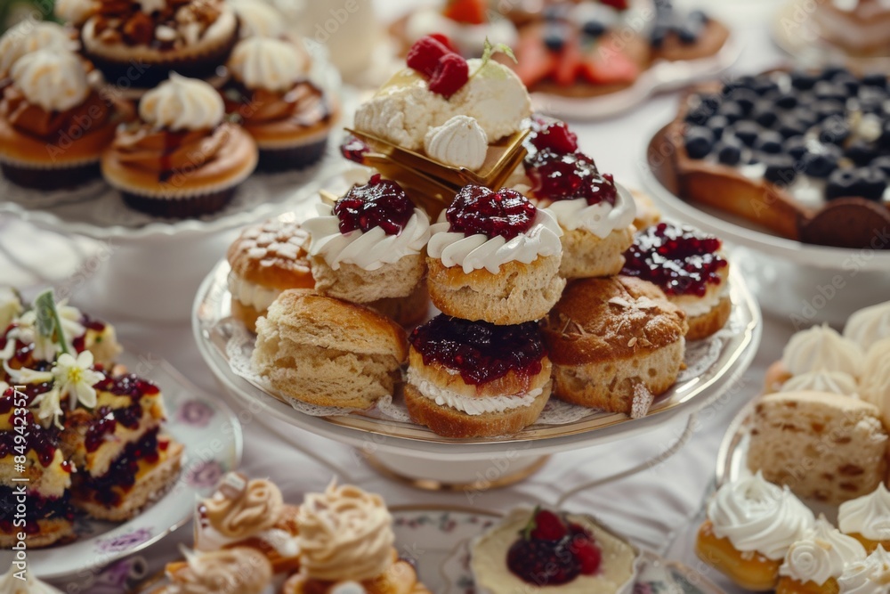 Indulge in a delightful spread of scones, jam, and St. George's Day themed pastries in a traditional English afternoon tea setting. Indulge in a delightful spread of scones, jam, and St. George's Day themed pastries in a traditional English afternoon tea setting.