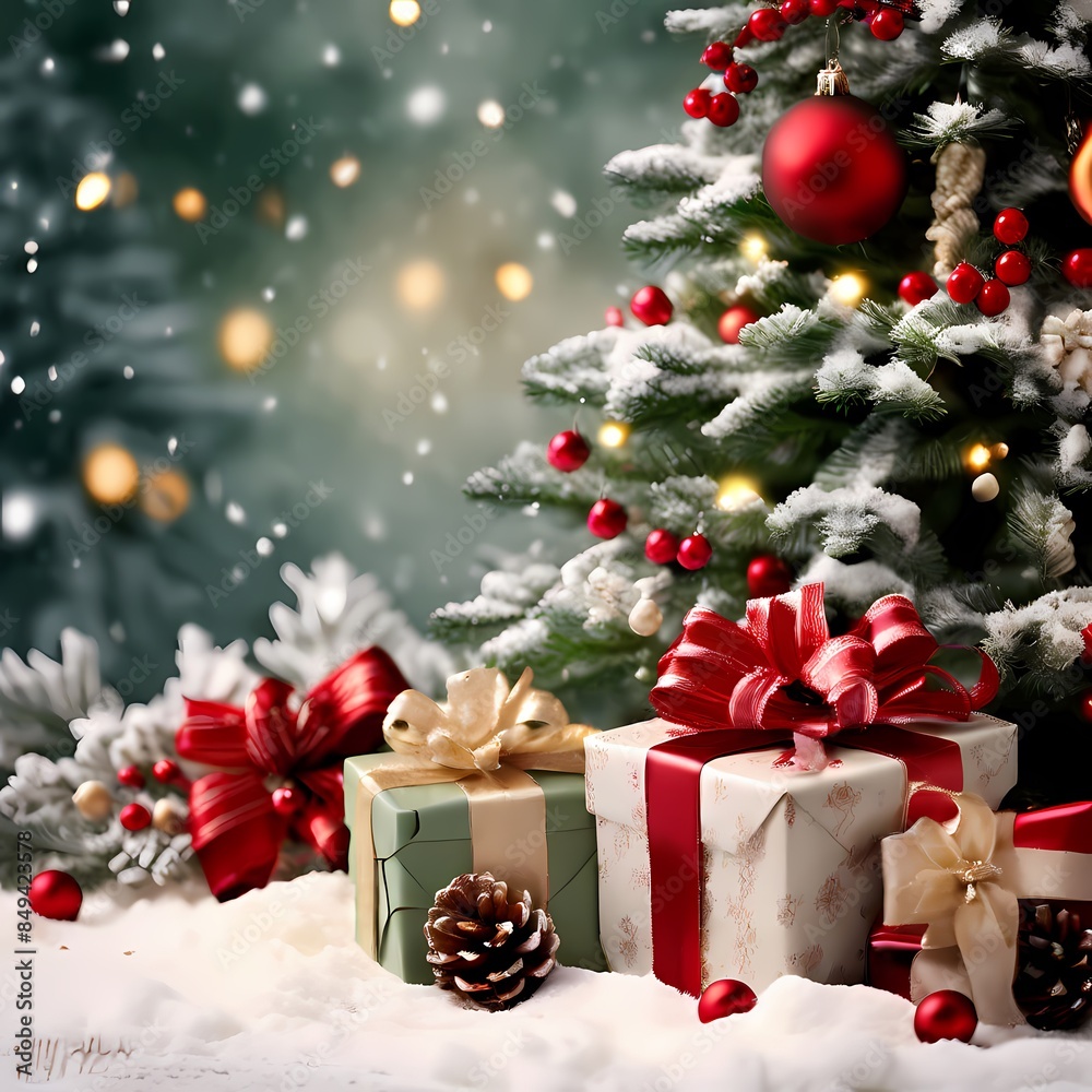 Festive Christmas Tree with Snow-Covered Pinecones and Wrapped Gifts in a Wintry Wonderland Festive Christmas Tree with Snow-Covered Pinecones and Wrapped Gifts in a Wintry Wonderland