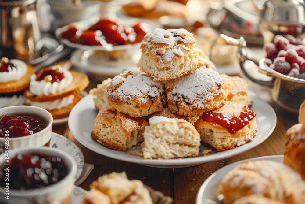 Indulge in a close-up of a traditional English afternoon tea spread, featuring freshly baked scones, a variety of delectable jams, and beautifully crafted St. George's Day themed pastries. Indulge in a close-up of a traditional English afternoon tea spread, featuring freshly baked scones, a variety of delectable jams, and beautifully crafted St. George's Day themed pastries.