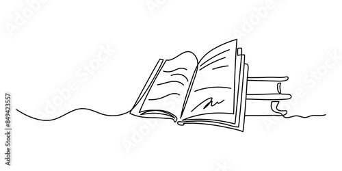 Open book one line line drawings. Bookstore, library continuous one line illustration. The concept of knowledge and students. Vector minimalist linear illustration.