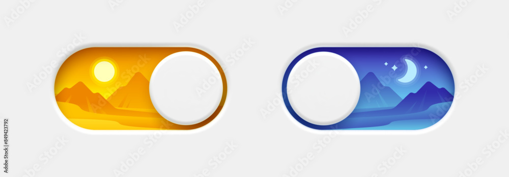 On and Off toggle switch buttons. Day and night mode switch button. Dark mode, light mode. Material design switch buttons set. Vector illustration.