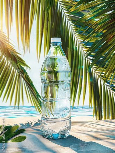 Refreshing water bottle set against a tropical background with palm leaves and bright sunlight, creating a vibrant and healthy vibe.