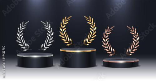 Stage podium with laurel wreath. Golden, silver and bronze stage podium in spot light. Stage podium for award ceremony. Vector illustration.
