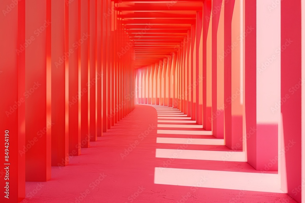 A long hallway with many colorful walls and a blue door A long hallway with many colorful walls and a blue door