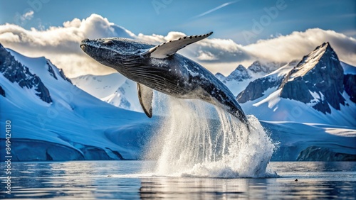 Humpback whale breaching against a frozen backdrop in the Antarctic Peninsula, Humpback whale, breaching, majestic, leap photo
