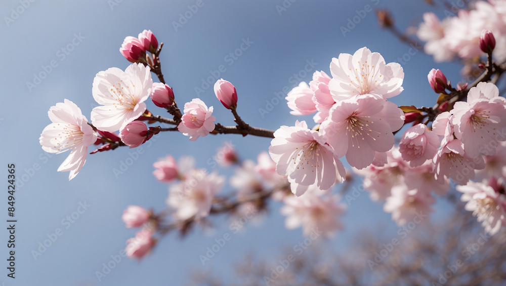 A branch of a tree with delicate pink blossoms against a pale blue sky. Some petals are floating away from the branch. A branch of a tree with delicate pink blossoms against a pale blue sky. Some petals are floating away from the branch.