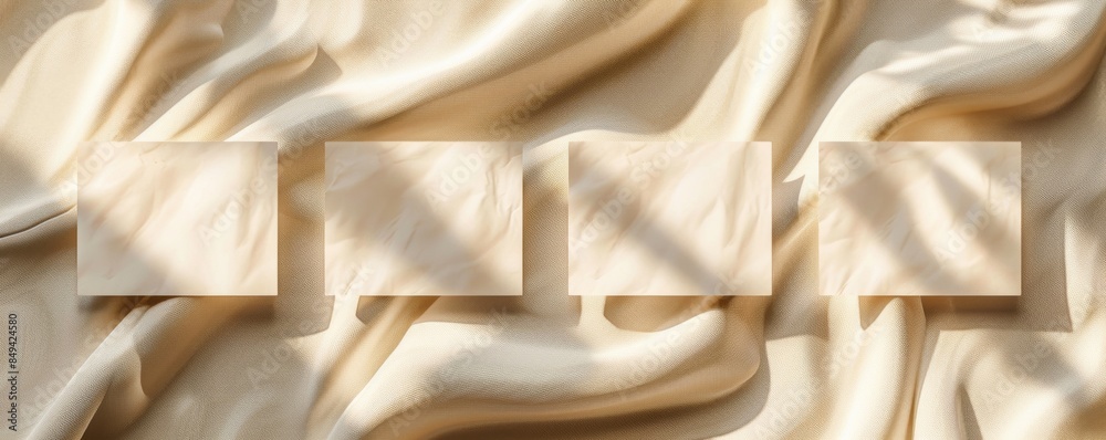 A4 format mockup of two blank business cards on beige silk fabric, shown in a top view 3D rendering, with ample space for text or logo, shadow, and light reflections. A4 format mockup of two blank business cards on beige silk fabric, shown in a top view 3D rendering, with ample space for text or logo, shadow, and light reflections.