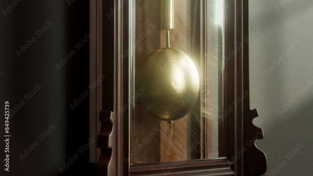A closeup loop able animation of a swinging pendulum of a brass and wooden grandfather clock mounted on a wall A closeup loop able animation of a swinging pendulum of a brass and wooden grandfather clock mounted on a wall
