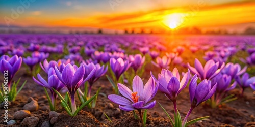 Beautiful purple saffron flower field at sunset, saffron, flower, field, purple, sunset, horizon, beauty, nature, landscape © Sompong