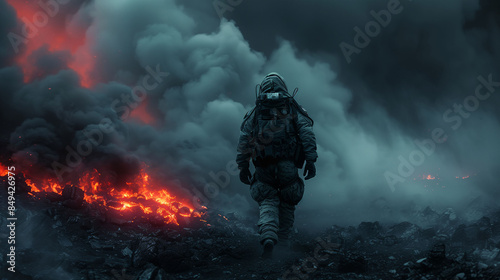 A person in protective gear walking through a smoky, volcanic landscape with visible lava.