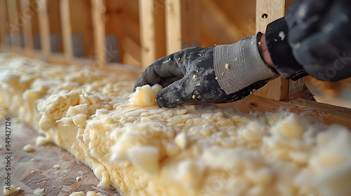 Technician spraying foam insulation using Plural Component Gun for polyurethane foam  photo