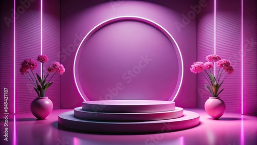 Futuristic and clean stage with magenta minimal scene, geometric podium, and flowers , futuristic