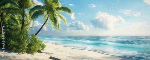 Secluded beach with pristine white sand and swaying palm trees, 4K hyperrealistic photo
