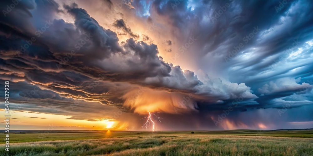 Dramatic supercell thunderstorm with intense lightning over open ...