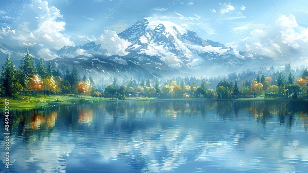 A stunning mountain landscape with a serene lake in the foreground surrounded by majestic trees A stunning mountain landscape with a serene lake in the foreground surrounded by majestic trees